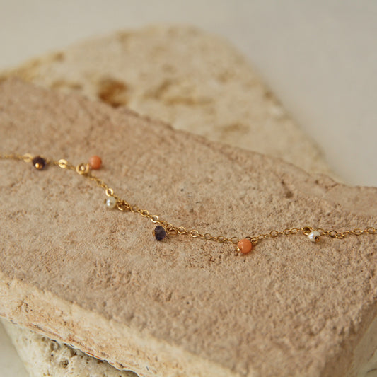 Deep sea coral x natural stone chain bracelet/14KGF