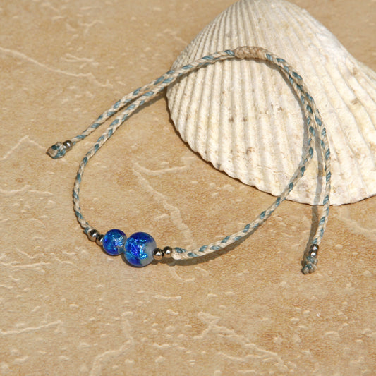 White Firefly Glass Macrame Anklet/BLUE