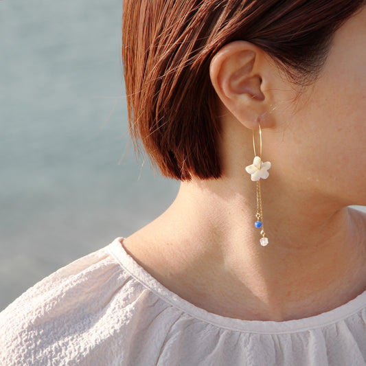 White firefly glass plumeria shell hoop earrings